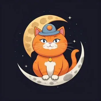 a cartoon logo of a round orange cat wearing a hat on the moon, in minimalist artstyle