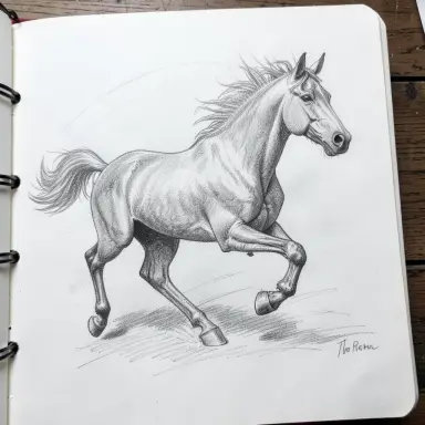 pencil drawing of a horse galloping dynamic lines sketchbook with light charcoal shading