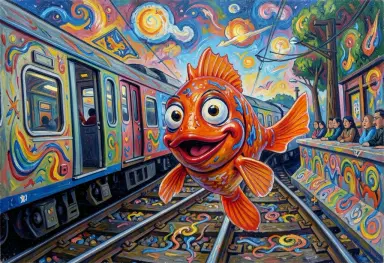 a clownfish during a train delay surrealist painting