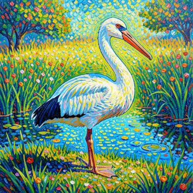 an ibis pointillist painting