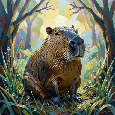 a capybara cubist painting in morning dew