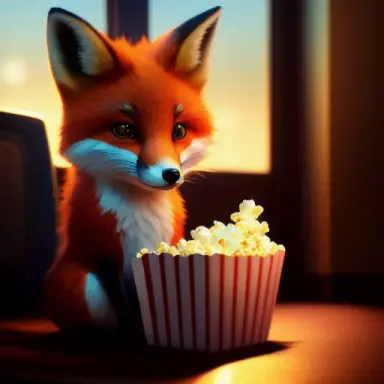 Cute small Fox sitting in a movie theater eating popcorn watching a movie ,unreal engine, cozy indoor lighting, artstation, deta