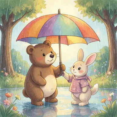 children book illustration of a bear and a rabbit sharing an umbrella in the rain warm colours