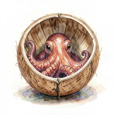an octopus hiding in a coconut shell watercolor