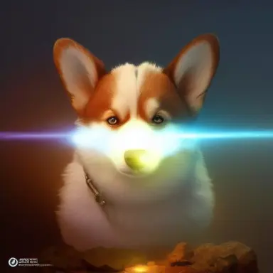 corgi looking at its reflection, mirror in view, atmospheric, soft shading, fluffy fur, cute face, cinematic lighting, centered,