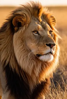 portrait photograph of a lion at golden hour mane in the wind sharp eyes savanna