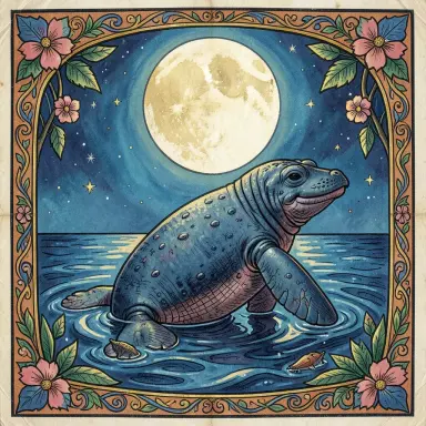 a manatee under a full moon folk art