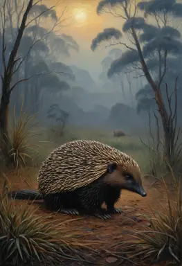 an echidna tonalist painting in evening mist