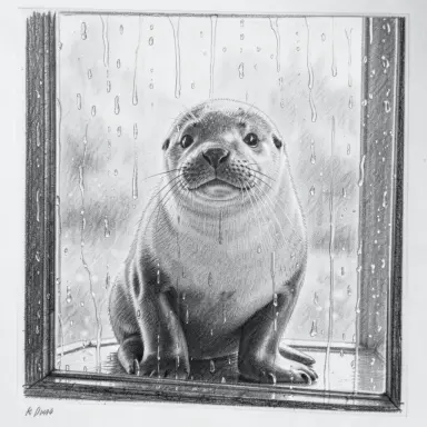 pencil drawing of a seal pup seen through a rainy window