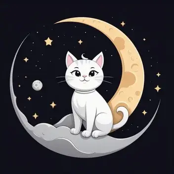 a cartoon logo of a cat on the moon, in minimalist artstyle