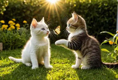 photograph of two kittens playing with a butterfly in a garden golden afternoon light award winning