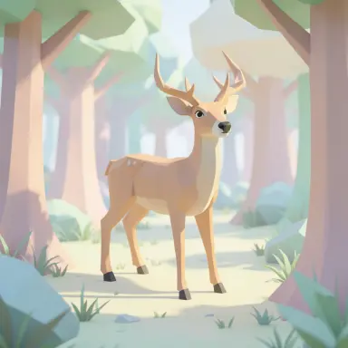 low poly 3d render of a deer in a forest clearing pastel colours soft light