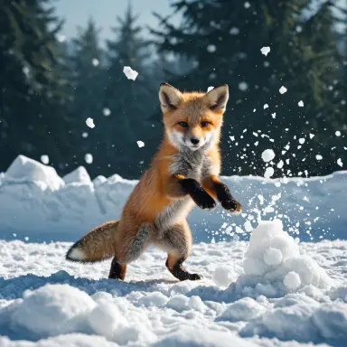 a fox cub during a snowball fight cinematic still