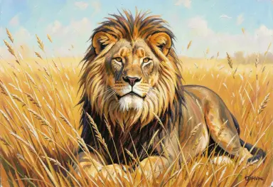 oil painting of a lion in golden grass