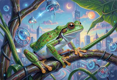 a tree frog in a near future surrealist painting