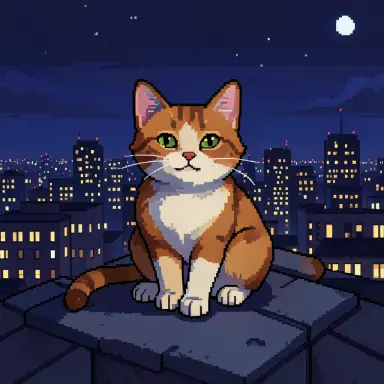 pixel art of a cat sitting on a rooftop at night with city lights 16 bit style