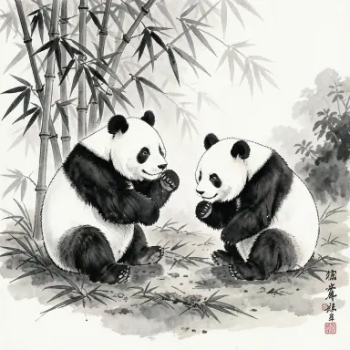 chinese ink painting of two pandas playing in bamboo soft washes a touch of red
