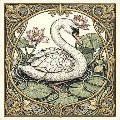 art nouveau illustration of a swan among lily pads flowing lines golden ornaments