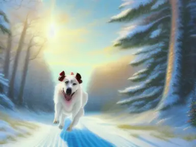 A breathtaking panoramic view of a loyal and playful dog, surrounded by a winter wonderland of snow covered trees and rolling hi