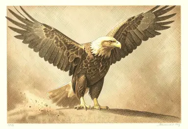 a golden eagle in a sandstorm haze cross hatched engraving