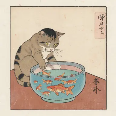ukiyo e style print of a cat watching goldfish in a bowl flat colours paper texture