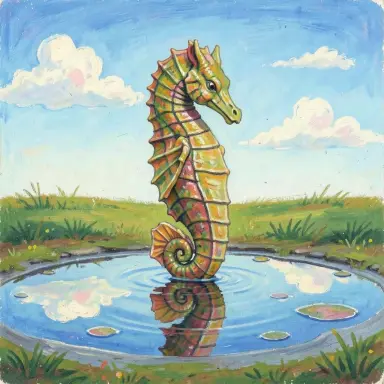 a seahorse with puddles reflecting the sky naive painting
