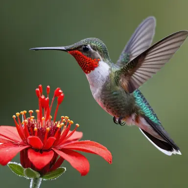 macro photograph of a hummingbird next to a red flower frozen wings bokeh