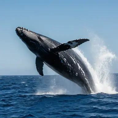 photograph of a humpback whale breaching water spray blue sky telephoto cinematic lighting sharp focus high