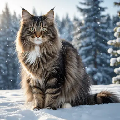 photograph of a norwegian forest cat in the snow thick fur winter morning award winning photography depth of