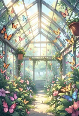 anime style a greenhouse of butterflies