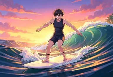 anime style a sunset surfer