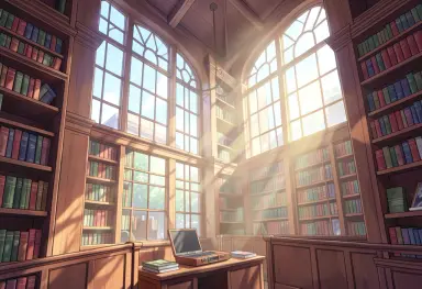 anime background a library with tall windows and sunbeams