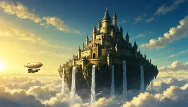 an anime landscape of a floating castle among clouds with waterfalls pouring from its edges airships nearby