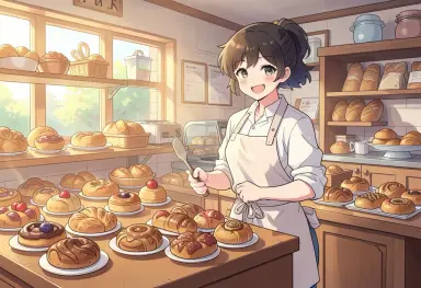 anime style illustration of a bakery counter full of pastries a cheerful baker in an apron morning light