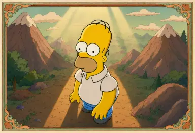 a retro anime cel of homer simpson in the 1950s around the subject mountains summer haze from above with long