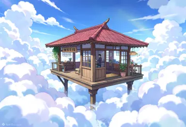 a floating tea house on a cloud anime background