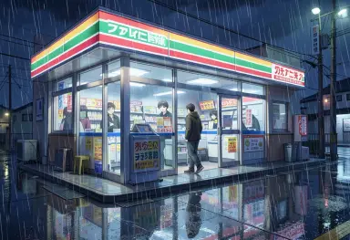 anime background a convenience store at night in the rain