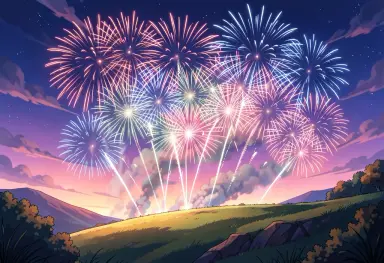 anime style fireworks from a hill