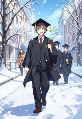 anime background a first snow walk at a graduation