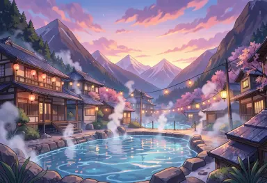 anime background painting of a mountain village with hot springs at sunset lanterns steam