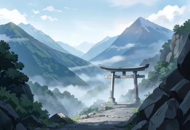 anime background a mountain pass with a torii in fog