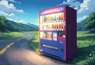 anime style a vending machine glowing on a country road
