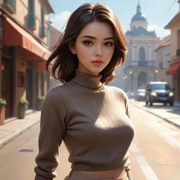 beautiful woman wearing a beige skirt, dark brown turtleneck sweater, small neckless, cute fine face, anime. illustration, reali