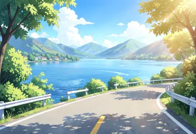 anime background of a lakeside road in summer