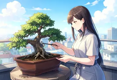 anime style a woman tending bonsai on a rooftop