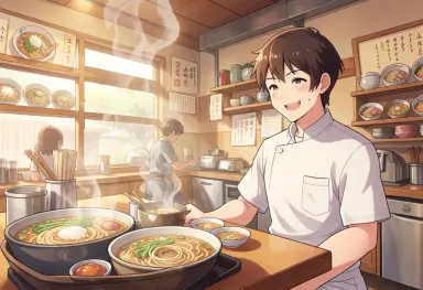 anime style illustration of a cozy ramen shop at lunchtime steam a smiling cook warm colours