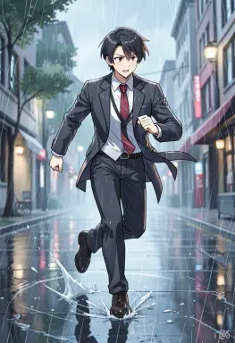 anime style a courier running through rain