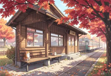 anime style illustration of a countryside train station in autumn red maples a cat on the bench