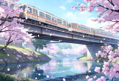 anime background painting of a train crossing a bridge over a river in spring cherry petals in the air soft