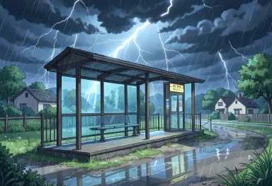 anime style a countryside bus stop under a summer thunderstorm